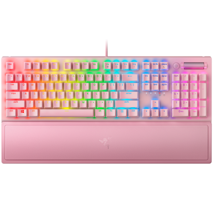 BlackWidow V3 (Green Switch) - US Layout - Quartz (pink),  Tactile and Clicky, Full size, Razer Chroma™ backlighting with 16.8 million customizable color options, Wrist rest, 80 million keystroke lifespan,Multi-function digital roller, Aluminum