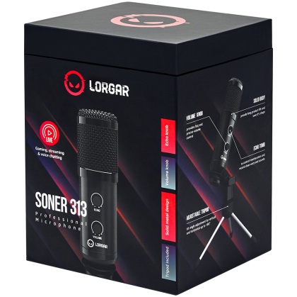 LORGAR Soner 313, Gaming Microphone, USB condenser microphone with Volume Knob & Echo Knob, Frequency Response: 80 Hz—17 kHz, including 1x Microphone, 1 x 2.5M USB Cable, 1 x Tripod Stand, dimensions: Ø47.4*158.2*48.1mm, weight: 243.0g, Black