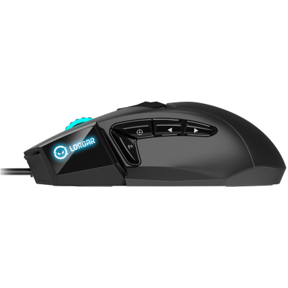 LORGAR Stricter 579, gaming mouse, 9 programmable buttons, Pixart PMW3336 sensor, DPI up to 12 000, 50 million clicks buttons lifespan, 2 switches, built-in display, 1.8m USB soft silicone cable, Matt UV coating with glossy parts and RGB lights with 4 LED