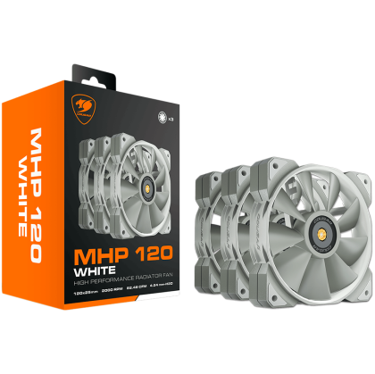 COUGAR MHP 120 White (3 Fan Pack), 120mm 4-pin PWM fan, 600-2000RPM, HDB Bearing, Anti-vibration Dampers, Extension Cable + Low-Noise Adapter, Case + Radiator screws, 82.48 CFM, 4.24mm H20, 34.5 dBA (Max)