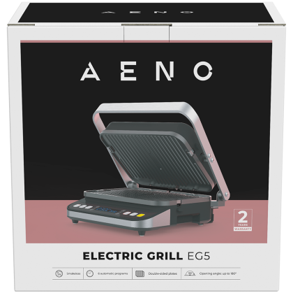 AENO ''Electric Grill EG5: 2000W, 2 heating modes - Lower Grill, Both Grills, 6 preset programs, Defrost, Max opening angle -180°, Temperature regulation, Timer, Removable double-sided plates, Plate size 320*220mm''