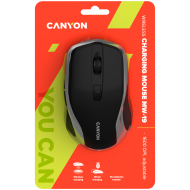 CANYON MW-19, 2.4GHz Wireless Rechargeable Mouse with Pixart sensor, 6keys, Silent switch for right/left keys,Add NTCDPI: 800/1200/1600, Max. usage 50 hours for one time full charged, 300mAh Li-poly battery, Black -Silver, cable length 0.6m, 121*70*39mm, 
