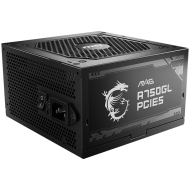 MSI MAG A750GL PCIE5, 750W, 80 Plus Gold, ATX Form Factor, 100~240 Vac Input Voltage, 47Hz ~ 63Hz Input Frequency, 120 mm Fan, 140 x 150 x 86mm, Active PFC, OCP, OVP, OPP, OTP, SCP, UVP, ATX, 2xEPS, 4XPCi-E, 8xSATA, 4xMOLEX, 1xFDD, 7Y