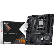 MSI PRO B840M-B, mATX, Socket AM5, 2x DDR5 Dual Channel DDR5 up to 8000(OC)MHz, 1x PCIe x16 slot, 2x M.2 slot, 2x USB 2.0, 4x USB 5Gbps, HDMI, VGA, 7.1 HD Audio, 2.5G LAN, 3Y